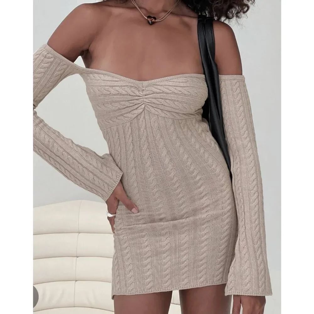 NWT Princess Polly Dress Women's Medium Grey Bayard Mini Off Shoulder Cable Knit